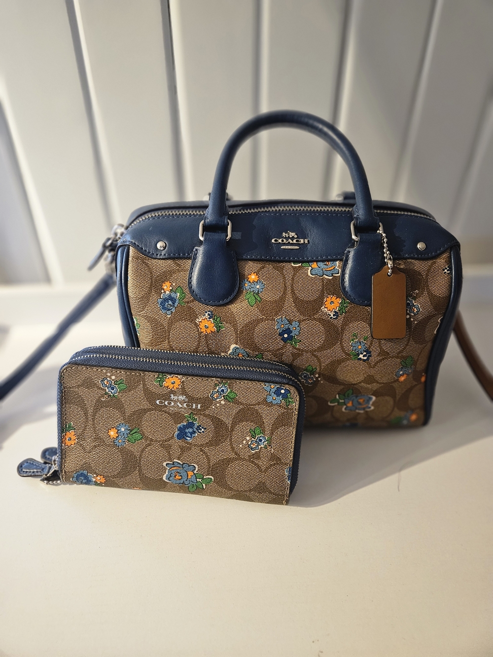 Coach Tan Signature Floral Satchel with Blue Trim and Matching Wallet